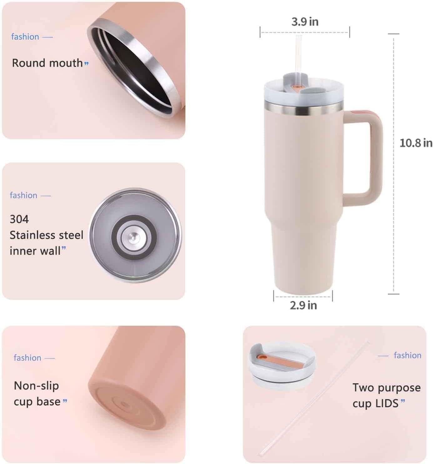 40 OZ Tumbler with Handle and Straw H2.0 Flowstate Stainless Steel Vacuum Insulated Tumbler with Lid and Straw for Water, Iced Tea or Coffee, Smoothie and More（Rose Quartz）